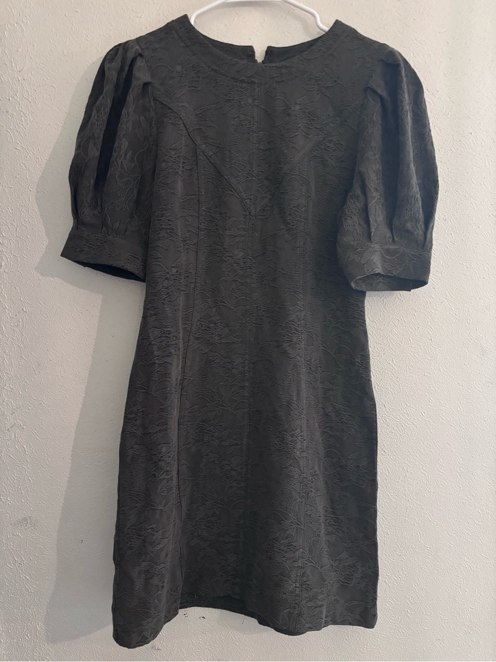 Classic Greyish Black Puff-Sleeve Dress with Floral Design